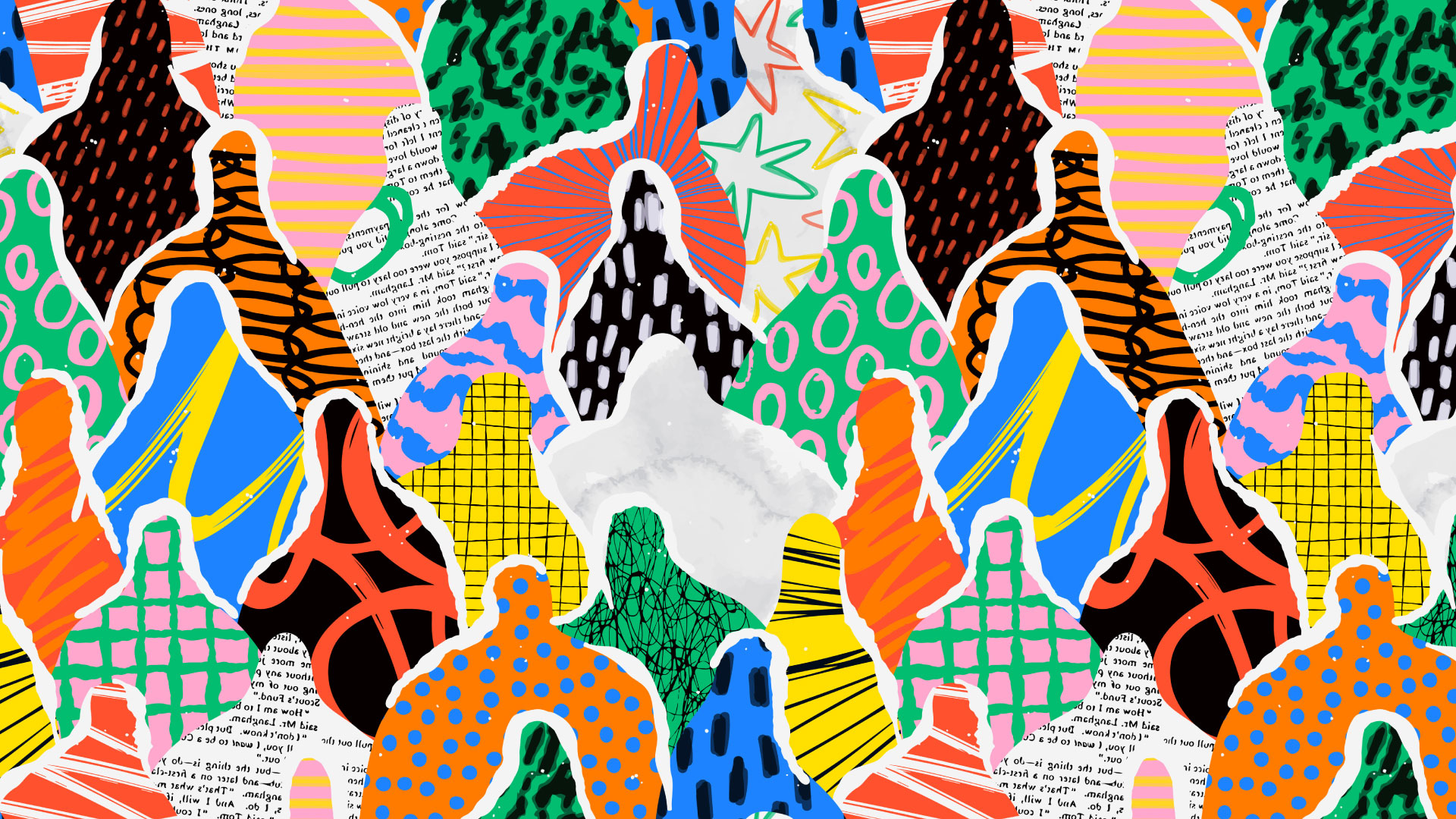 Patchwork con disegni grafici e parole