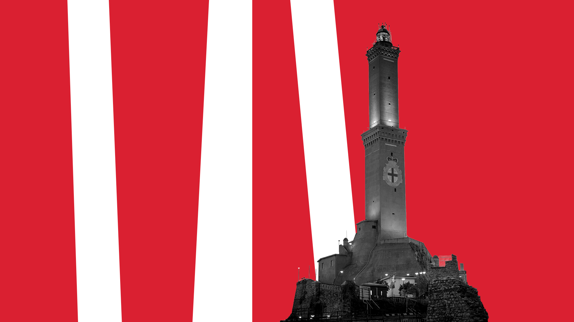 Faro di Genova con il logo del progetto "Di Genova in Genova" sullo sfondo